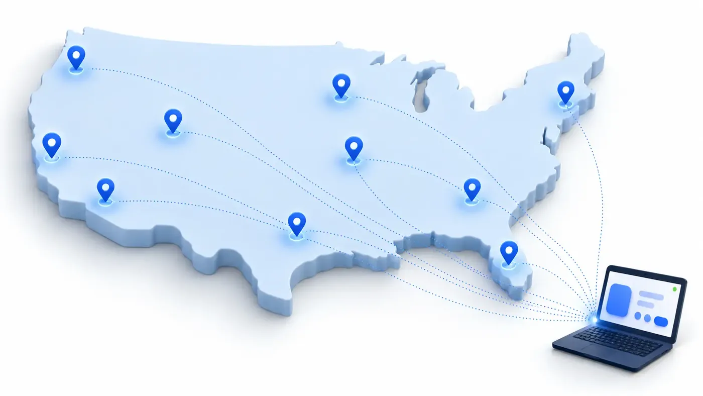 Map of US cities where we do law firm SEO, connected to a remote team laptop
